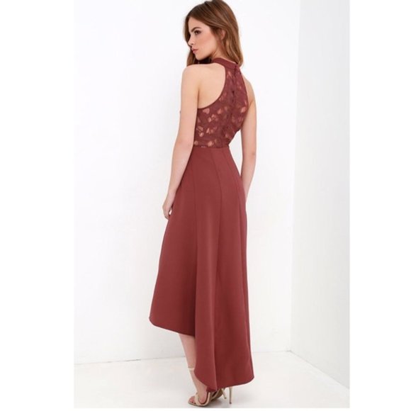 Keepsake All Talk Hi-Low Dress Maroon Halter Neck - Picture 3 of 8